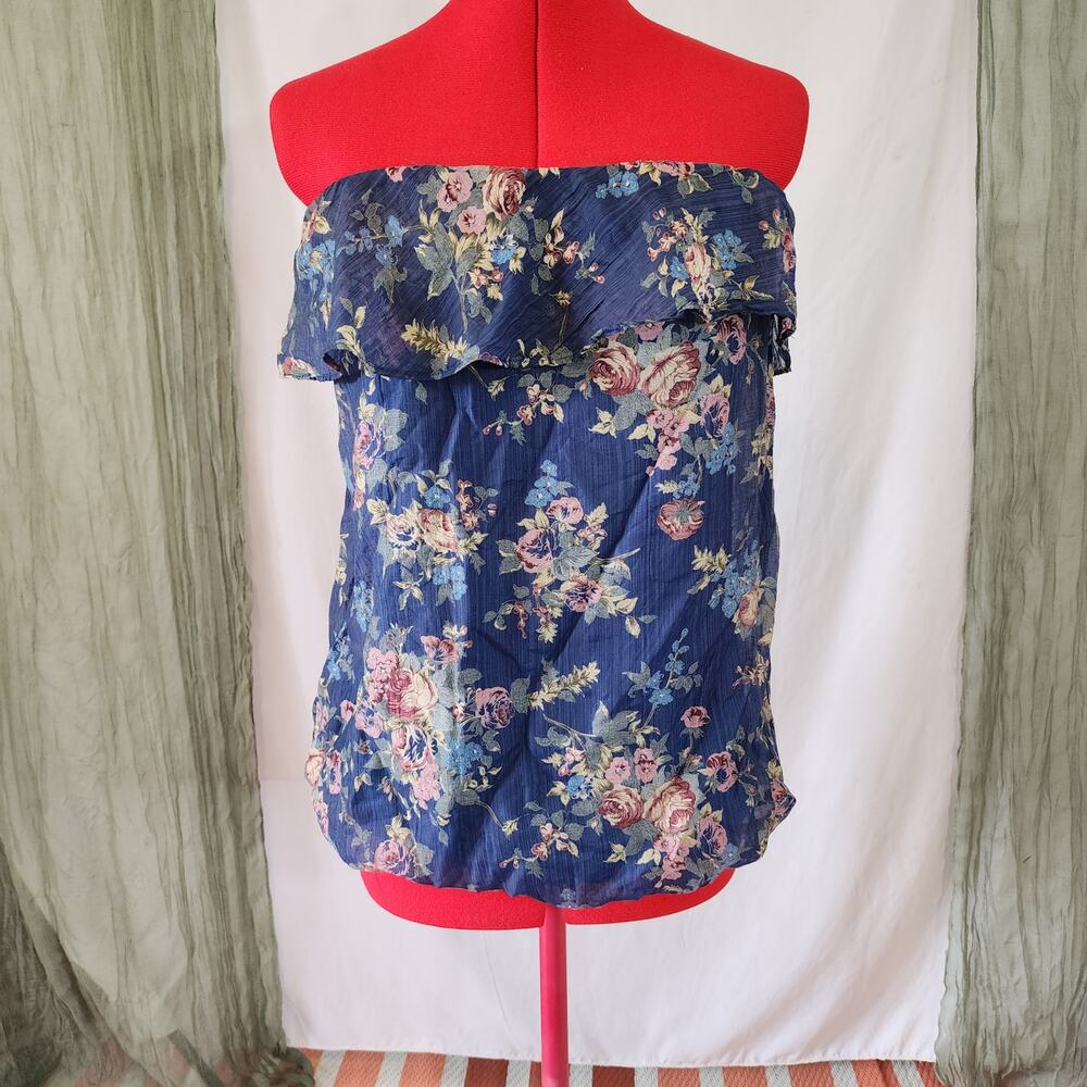 Love Culture Blue Floral Lined Strapless Ruffle Blouse Size M